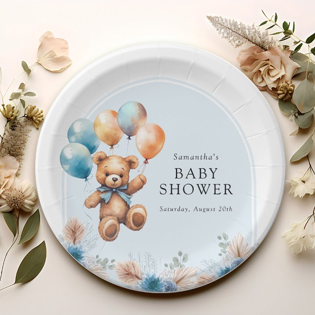 Teddy Bear Boho Boy Baby Shower Paper Plate (Creator Uploaded)