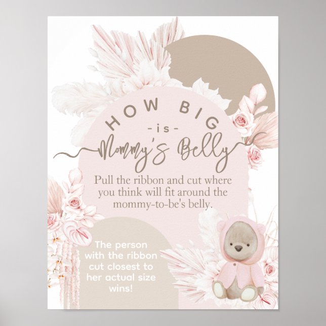 Teddy Bear Boho Girl Baby Shower guess belly game Poster (Front)