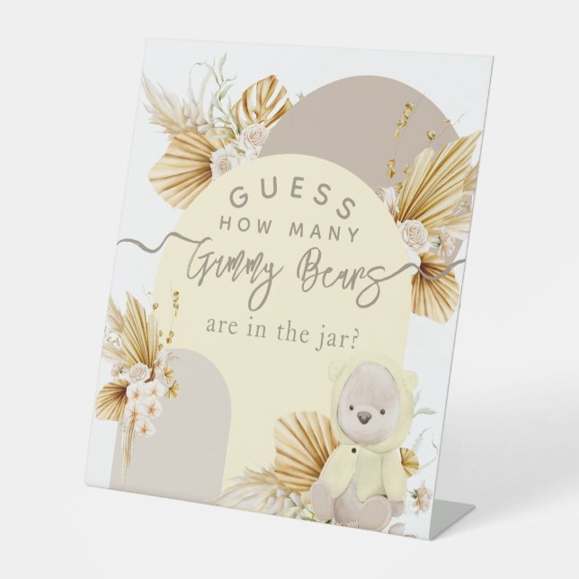 Teddy Bear Boho Girl Baby Shower Gummy bears game Pedestal Sign (Front)