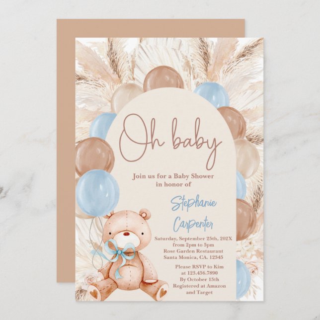 Teddy Bear Boho Pampas Baby shower Boy Invitation (Front/Back)