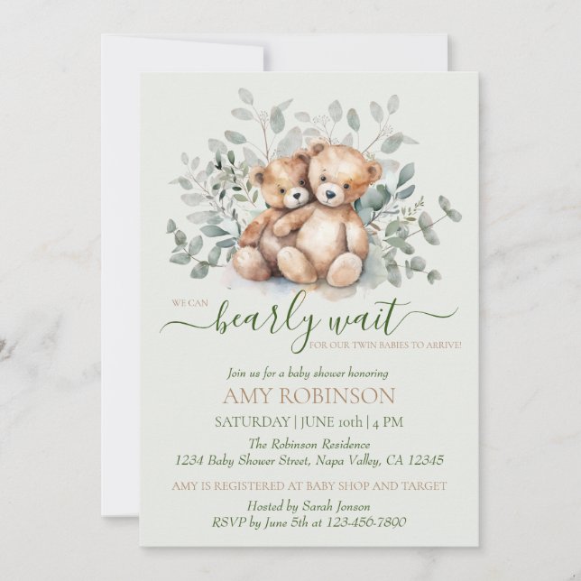 Teddy Bear Boho Twin Gender Neutral Baby Shower Invitation (Front)