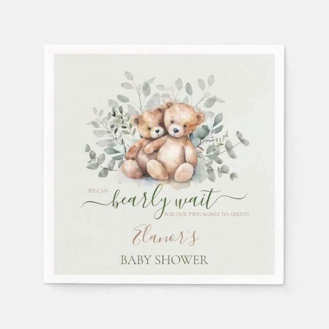 Teddy Bear Boho Twins Gender Neutral Baby Shower Napkin (Front)