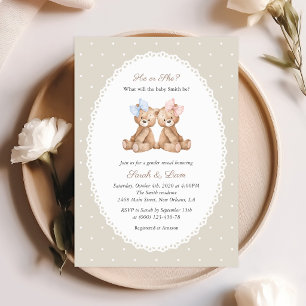 Teddy Bear, Bow, Beige Polka Dots, Gender Reveal Invitation