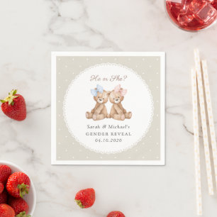 Teddy Bear, Bow, Beige Polka Dots, Gender Reveal Napkin