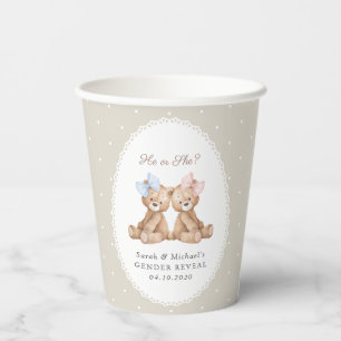 Teddy Bear, Bow, Beige Polka Dots, Gender Reveal Paper Cups