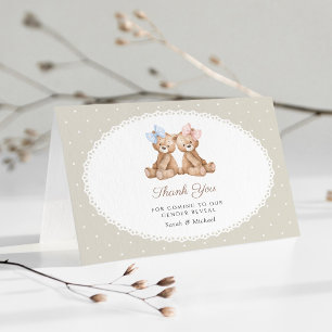 Teddy Bear, Bow, Beige Polka Dots, Gender Reveal Thank You Card