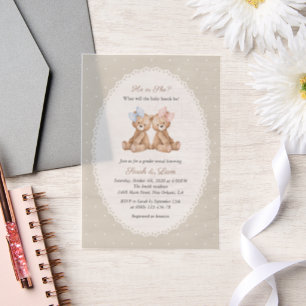 Teddy Bear, Bow, Beige Polka Dots, Gender Reveal Vellum Invitations