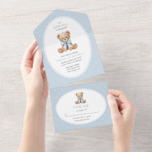 Teddy Bear, Bow, Blue Polka Dots, First Birthday All In One Invitation