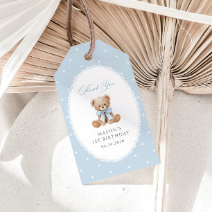Teddy Bear, Bow, Blue Polka Dots, First Birthday Gift Tags