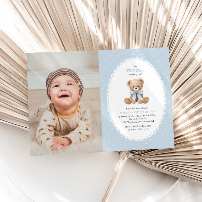 Teddy Bear, Bow, Blue Polka Dots, First Birthday Invitation (Creator Uploaded)