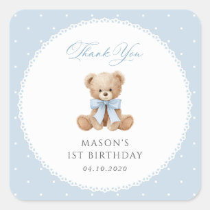 Teddy Bear, Bow, Blue Polka Dots, First Birthday Square Sticker