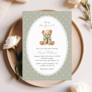 Teddy Bear, Bow, Green Polka Dots, Baby Shower Invitation