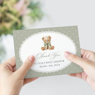 Teddy Bear, Bow, Green Polka Dots, Baby Shower Thank You Card