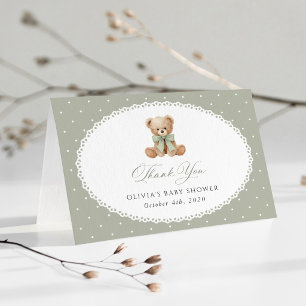 Teddy Bear, Bow, Green Polka Dots, Baby Shower Thank You Card
