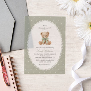 Teddy Bear, Bow, Green Polka Dots, Baby Shower Vellum Invitations