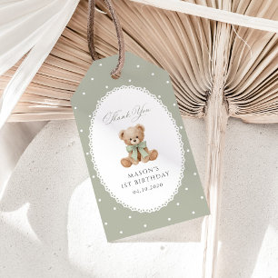 Teddy Bear, Bow, Green Polka Dots, First Birthday Gift Tags