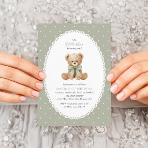 Teddy Bear, Bow, Green Polka Dots, First Birthday Invitation
