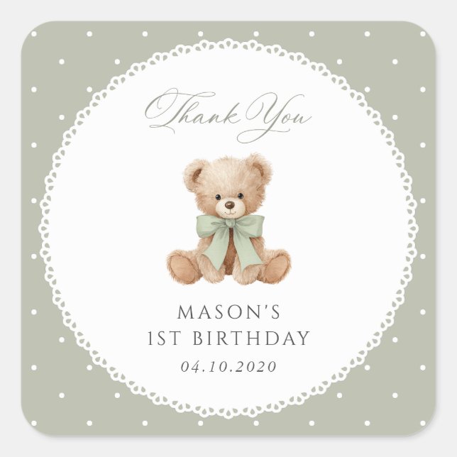 Teddy Bear, Bow, Green Polka Dots, First Birthday Square Sticker (Front)