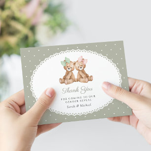 Teddy Bear, Bow, Green Polka Dots, Gender Reveal Thank You Card