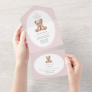 Teddy Bear, Bow, Pink Polka Dots, First Birthday All In One Invitation