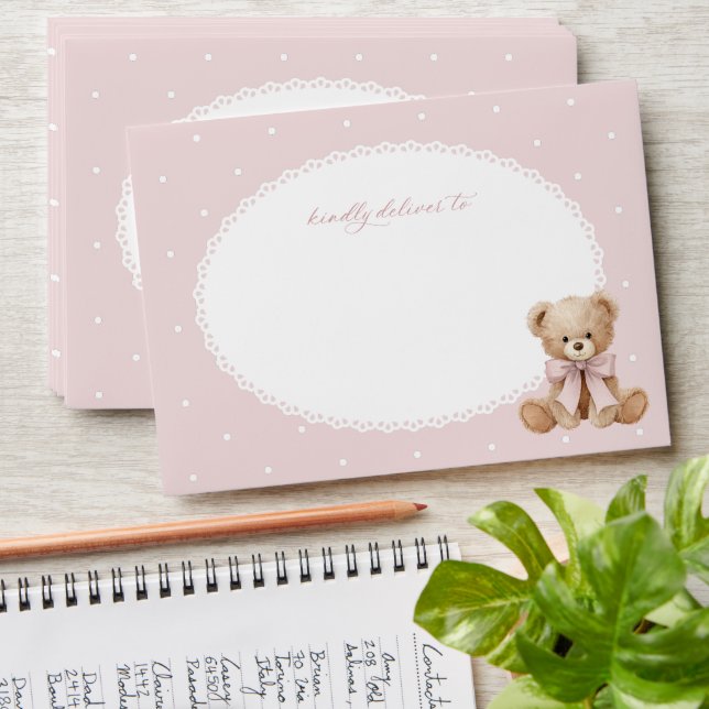 Teddy Bear, Bow, Pink Polka Dots, First Birthday Envelope (Stacked)
