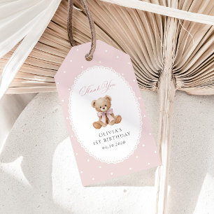 Teddy Bear, Bow, Pink Polka Dots, First Birthday Gift Tags