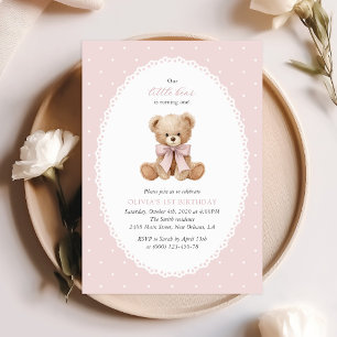 Teddy Bear, Bow, Pink Polka Dots, First Birthday Invitation