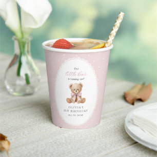 Teddy Bear, Bow, Pink Polka Dots, First Birthday Paper Cups