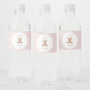Teddy Bear, Bow, Pink Polka Dots, First Birthday Water Bottle Label