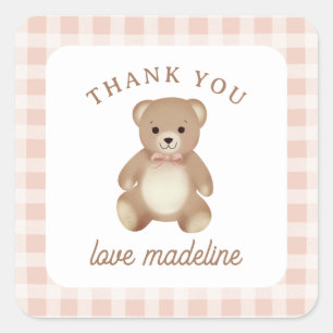 Teddy Bear Bow Stuffy Gingham Aged Pink Baby Square Sticker