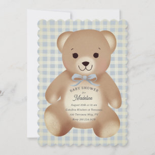 Teddy Bear Bow Stuffy Gingham Antique Blue Invitation