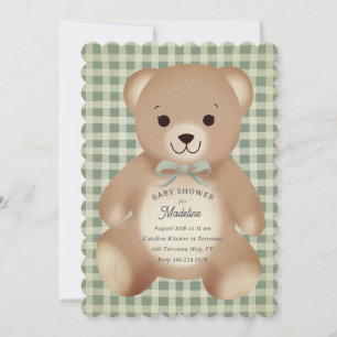 Teddy Bear Bow Stuffy Gingham Antique Sage Invitation
