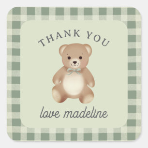 Teddy Bear Bow Stuffy Gingham Antique Sage Square Sticker
