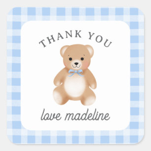 Teddy Bear Bow Stuffy Gingham Blue Baby Shower Square Sticker