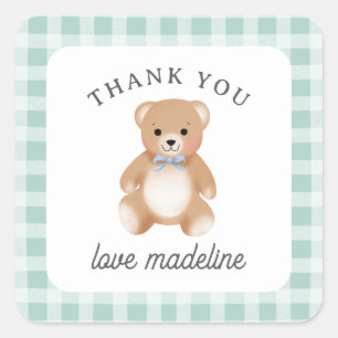 Teddy Bear Bow Stuffy Gingham Blue Sage Baby Square Sticker