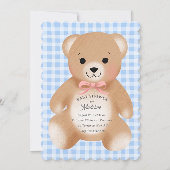 Teddy Bear Bow Stuffy Gingham Pink Blue Invitation (Front)