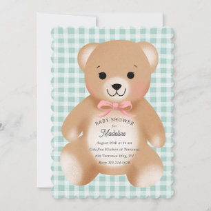 Teddy Bear Bow Stuffy Gingham Sage Pink Invitation