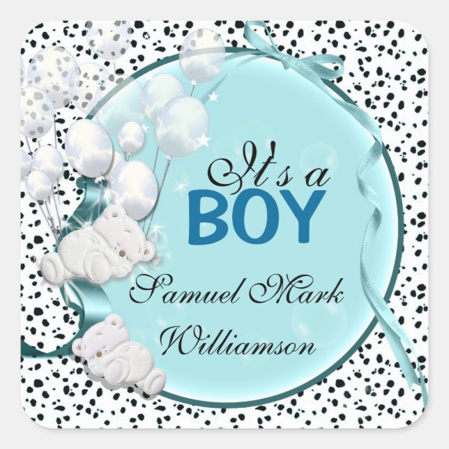 Teddy bear boy baby announcement square sticker (Front)