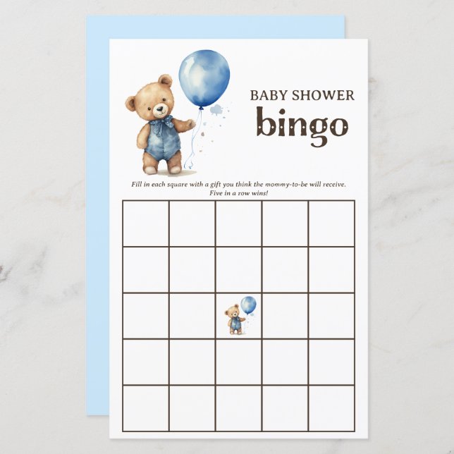 Teddy Bear Boy Baby Shower Bingo Game (Front/Back)