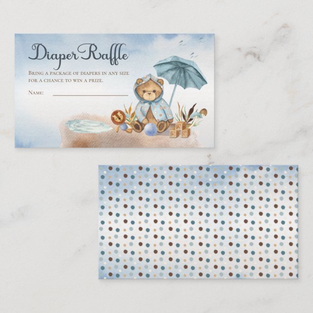Teddy Bear Boy Baby Shower Diaper Raffle Enclosure Card (Front/Back)