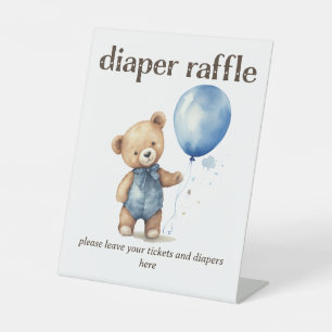 Teddy Bear Boy Baby Shower Diaper Raffle Pedestal Sign