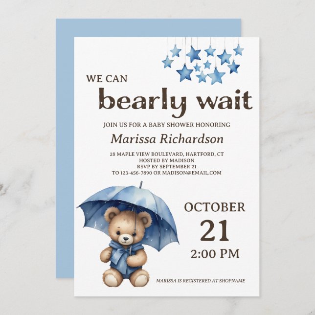 Teddy Bear Boy Baby Shower Invitation (Front/Back)