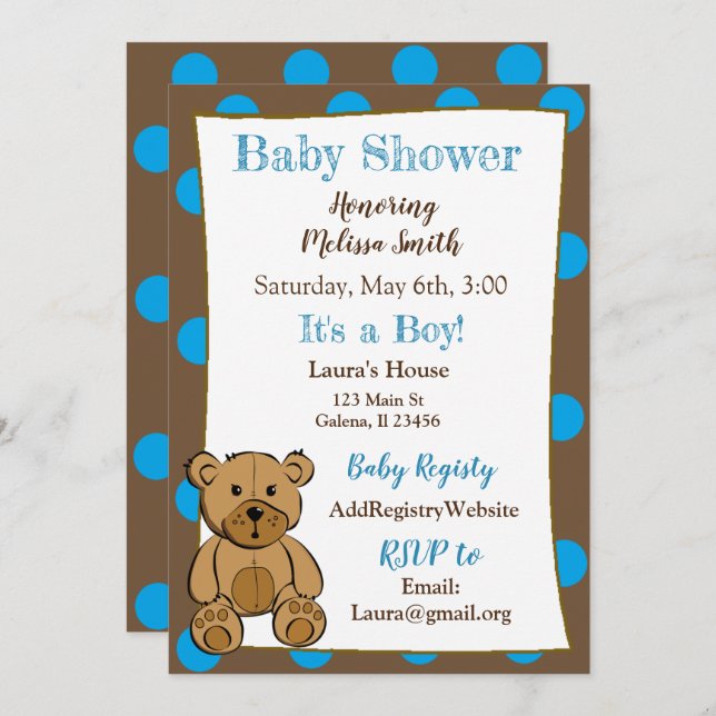 Teddy Bear Boy Baby Shower Invitations (Front/Back)