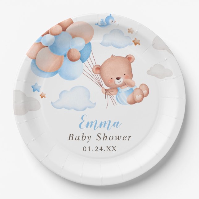 Teddy Bear Boy Baby Shower Paper Plate (Front)