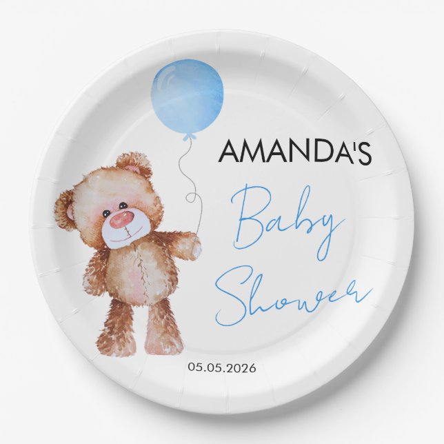 Teddy Bear Boy Baby Shower Paper Plate (Front)