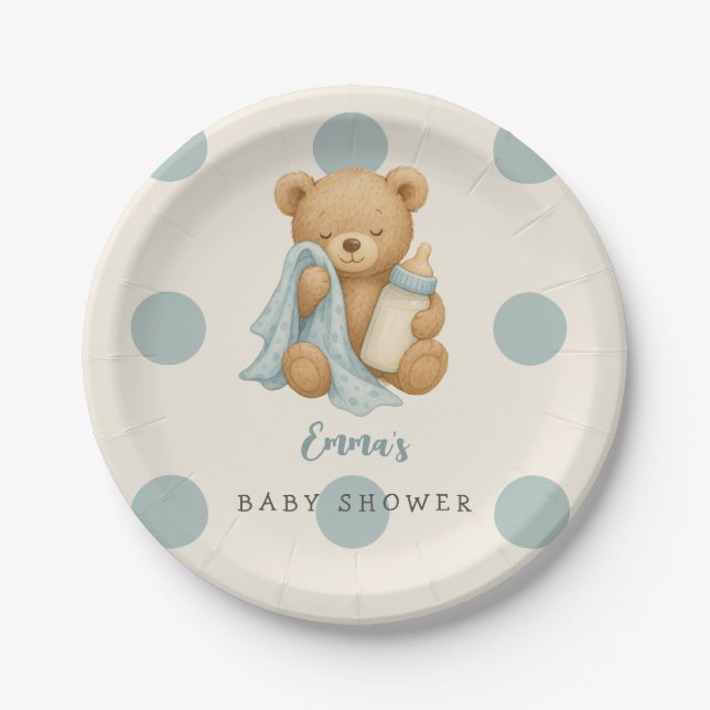 Teddy Bear Boy Baby Shower Paper Plates (Front)