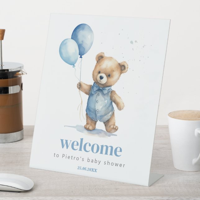 Teddy Bear Boy Baby Shower Pedestal Sign (In SItu)