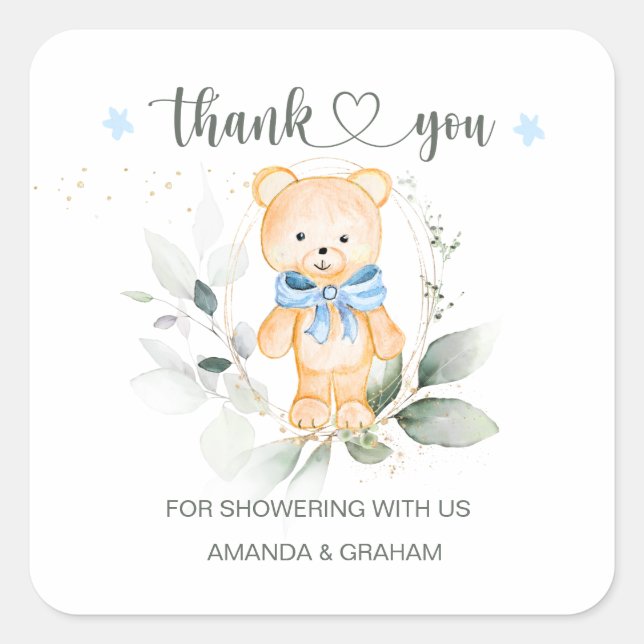 Teddy Bear Boy Baby Shower Thank You Sticker (Front)