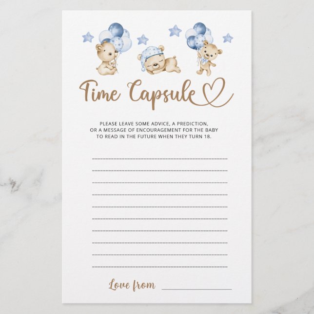 Teddy bear boy baby shower Time Capsule (Front)