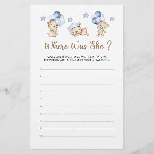 Teddy bear boy baby shower Where Was She (Front)